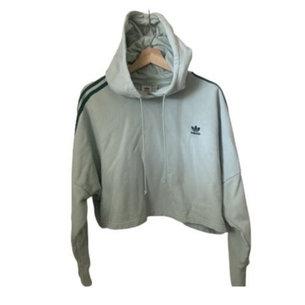 Adidas Women’s Hoodie Green Trefoil Three Stripes Crop Pull Over Active Lounge M